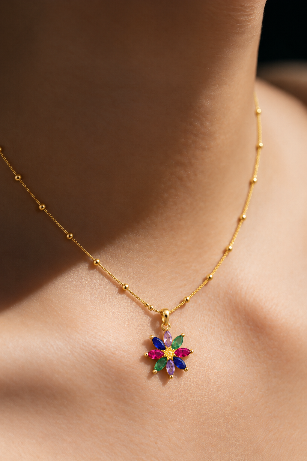 Gold Tone Multicolor Floral Pendant Necklace for Women