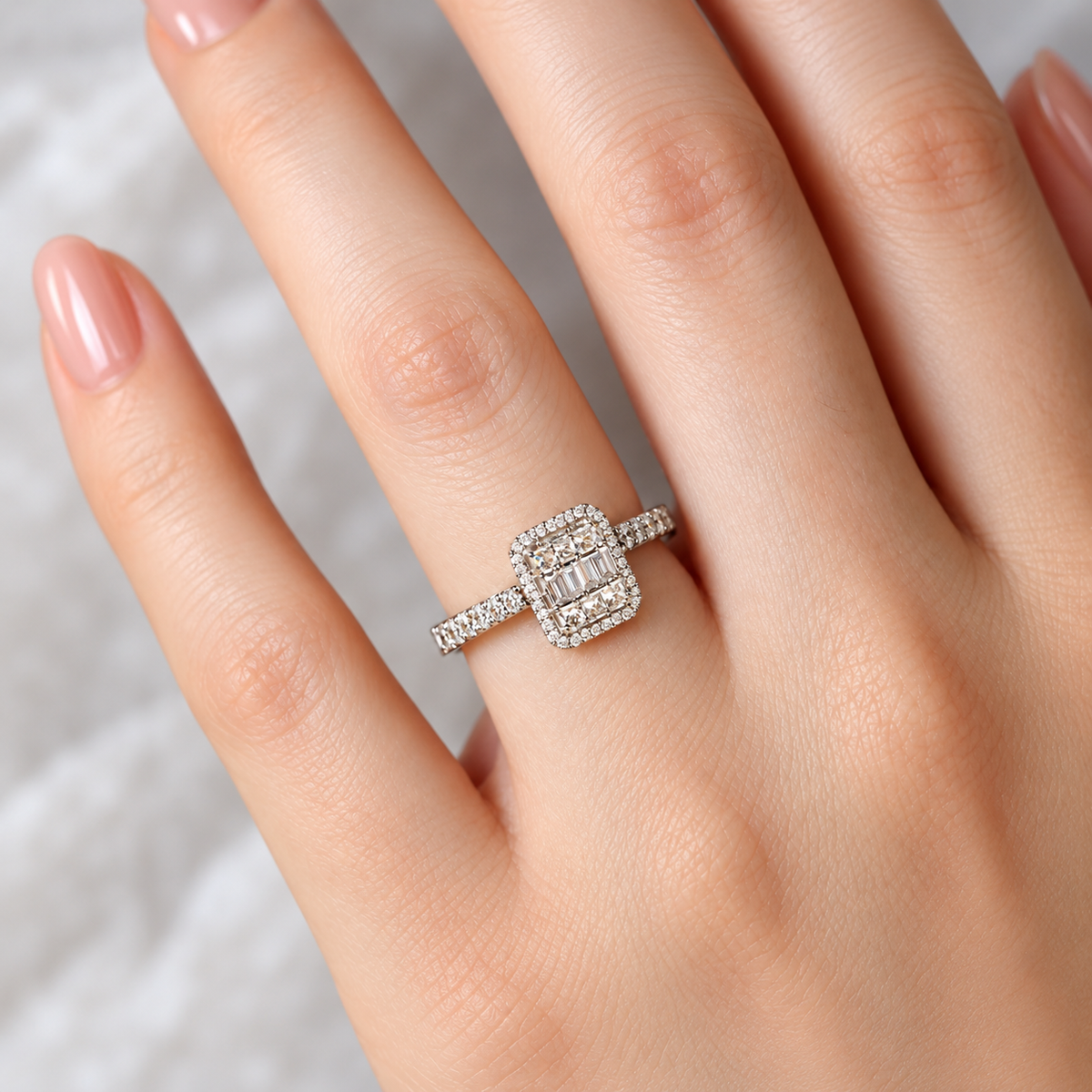 Silver Tone Baguette Stone Halo Ring for Women