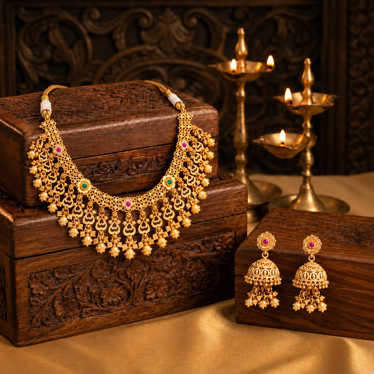 Traditional Gold Tone Bridal Necklace Set with Jhumka Earrings