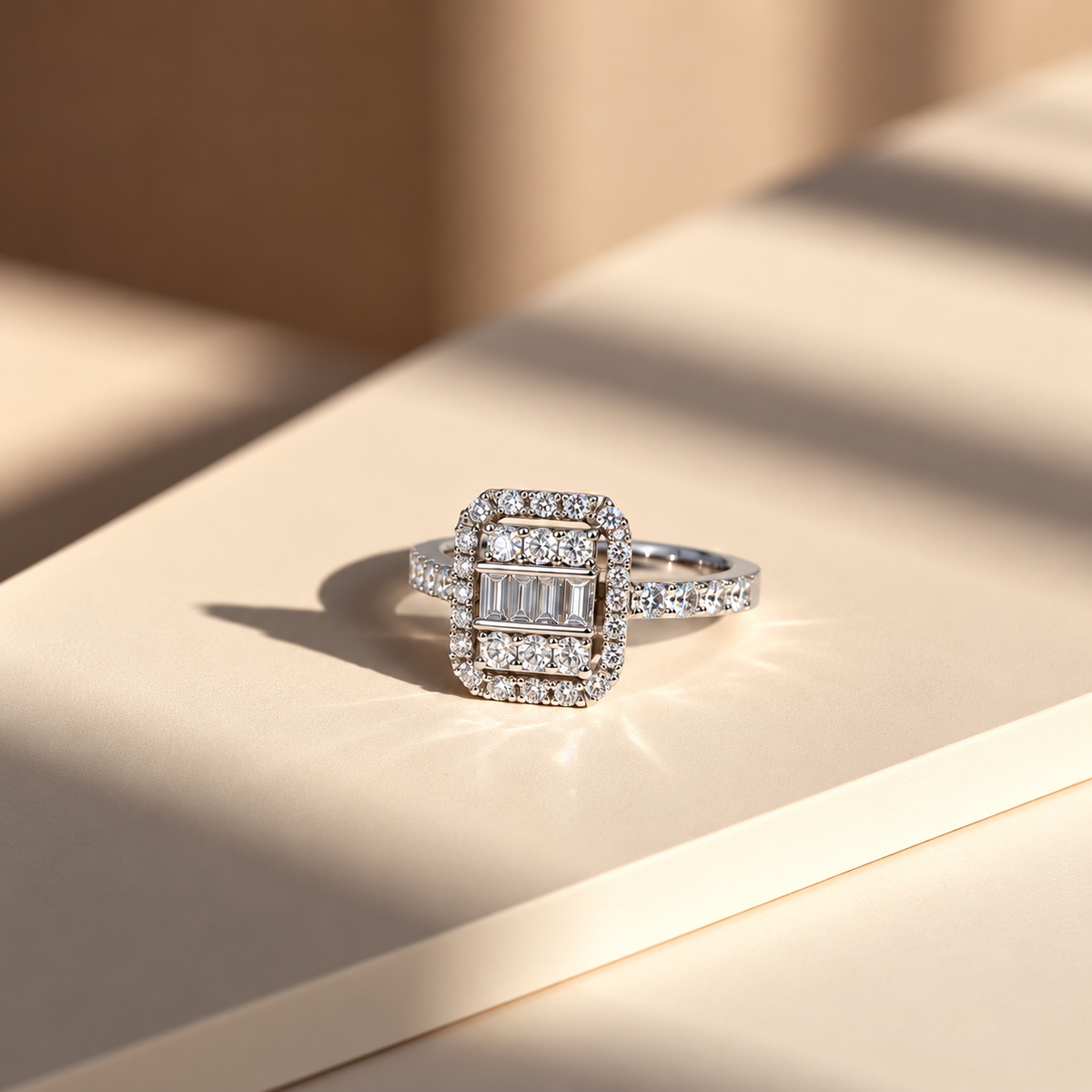 Silver Tone Baguette Stone Halo Ring for Women