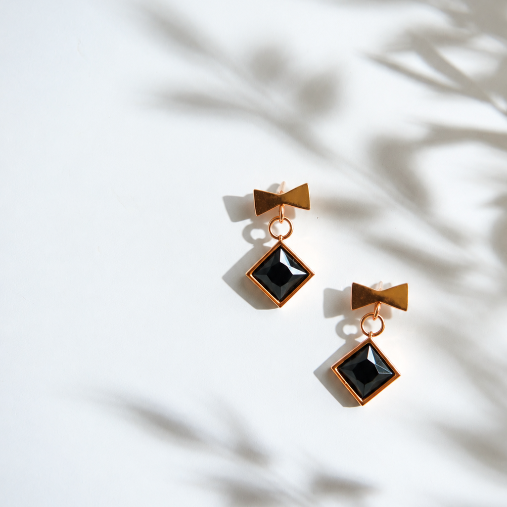 Black Square Stone Gold Tone Drop Earrings for Women