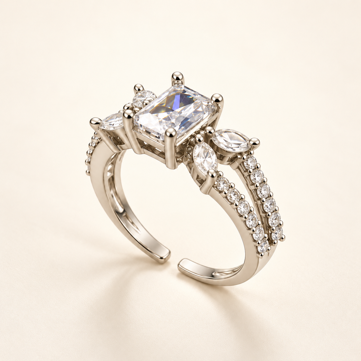 Silver-Tone Emerald-Cut Style Ring with Marquise and Pavé Accents