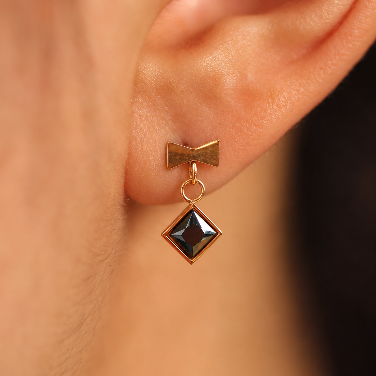 Black Square Stone Gold Tone Drop Earrings for Women
