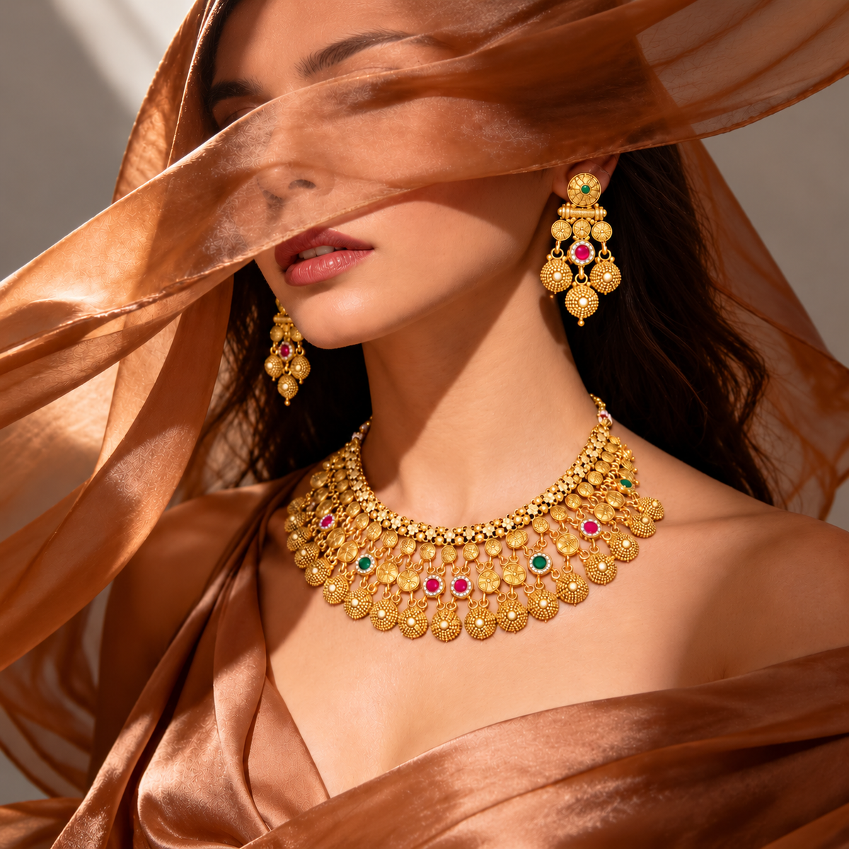 Traditional Gold Tone Pink Green Bridal Necklace & Earrings Set