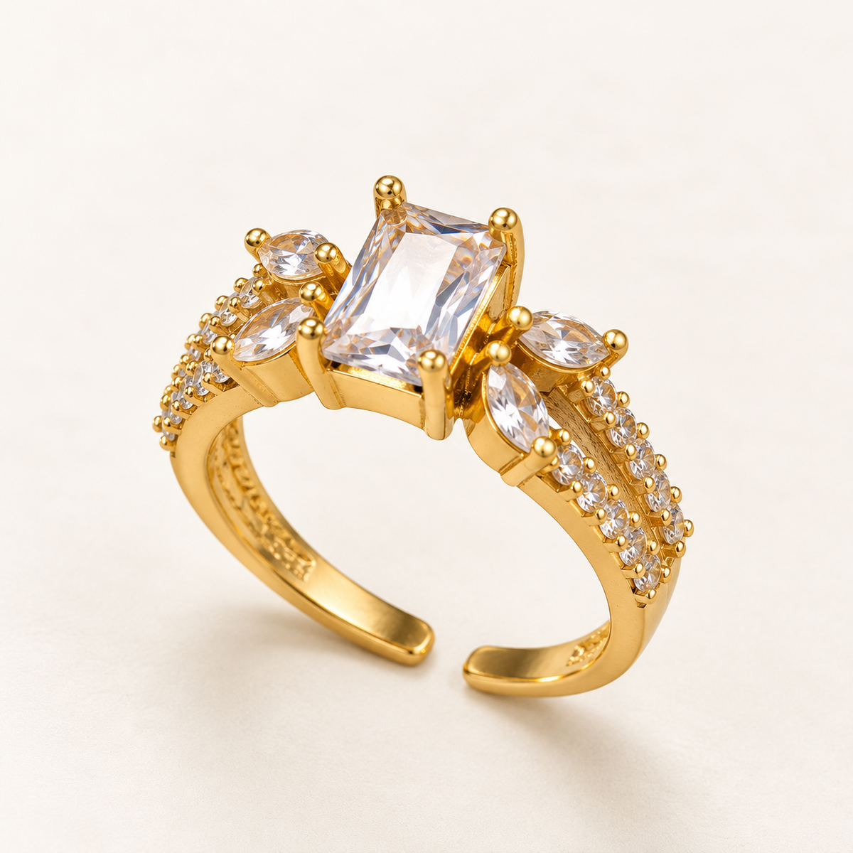 Gold Tone Emerald Cut Clear Stone Statement Ring, Marquise Crystal Split Band