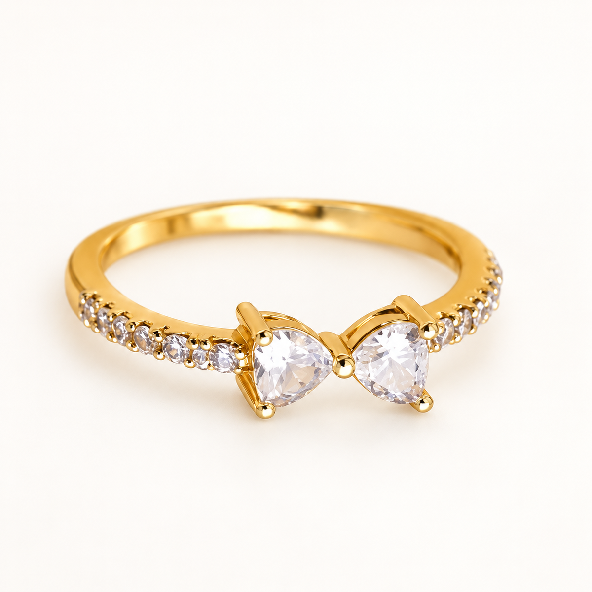 Gold Bow Ring with Heart-Shaped Clear Stones, Pavé Band, Dainty Gold-Tone Ring for Her