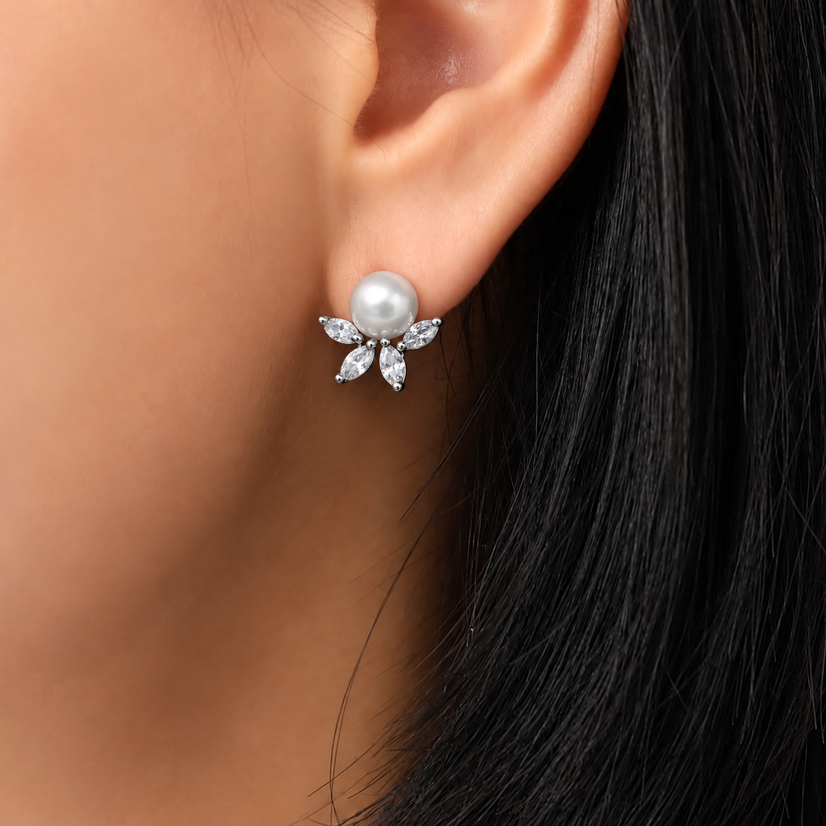 Pearl Flower Stud Earrings with Clear Marquise Crystals, Silver-Tone Floral Earrings, Elegant Gift for Her