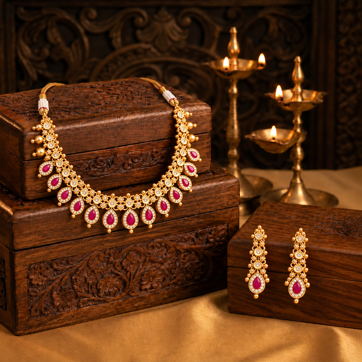 Traditional Gold Tone Pink Stone Bridal Necklace & Earrings Set