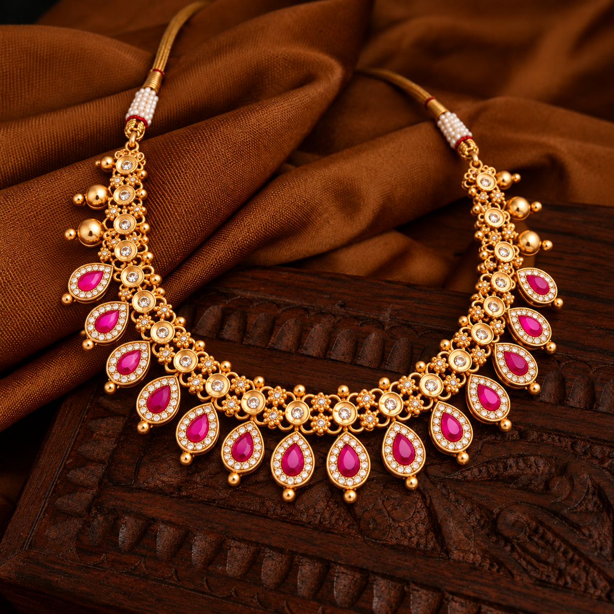 Traditional Gold Tone Pink Stone Bridal Necklace & Earrings Set