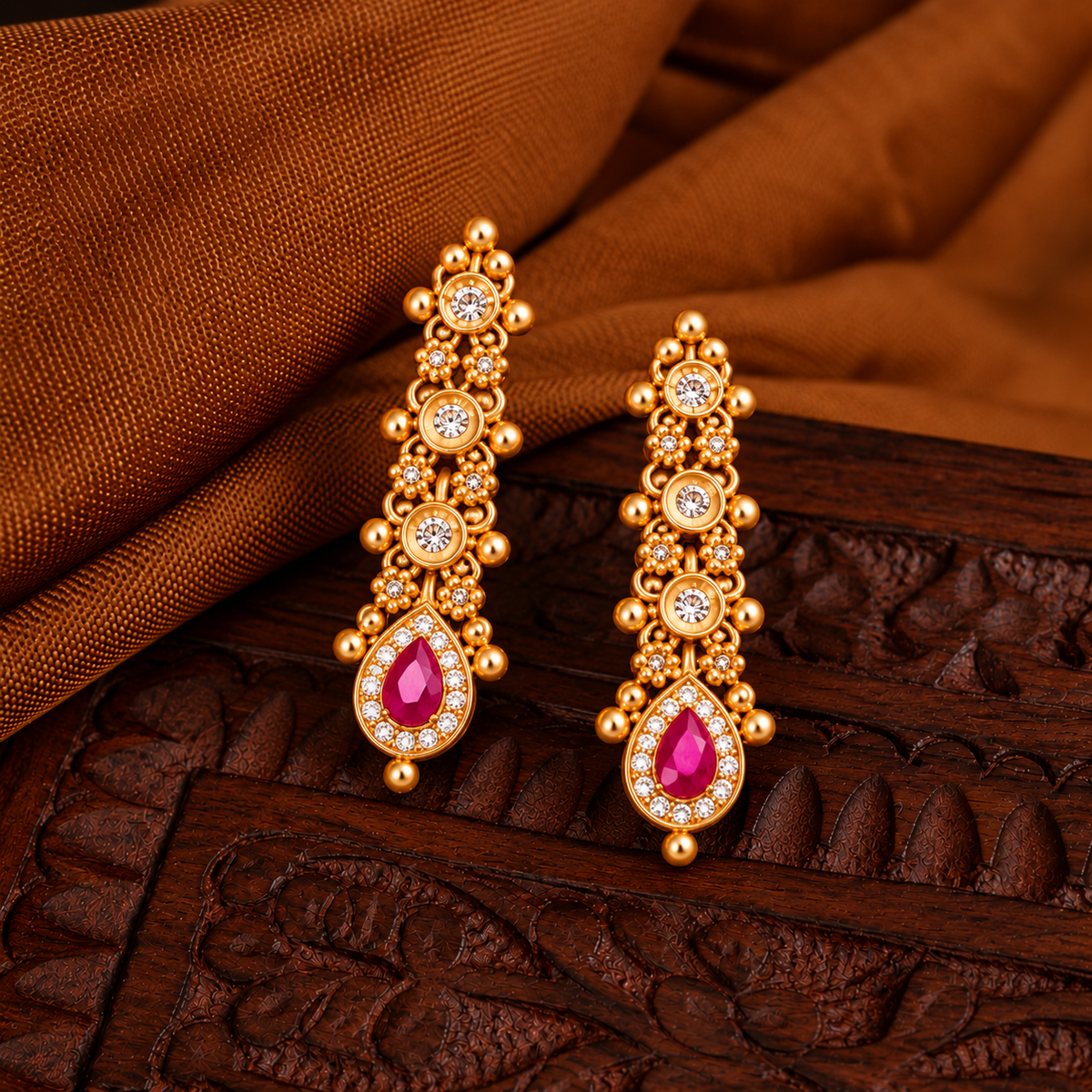 Traditional Gold Tone Pink Stone Bridal Necklace & Earrings Set