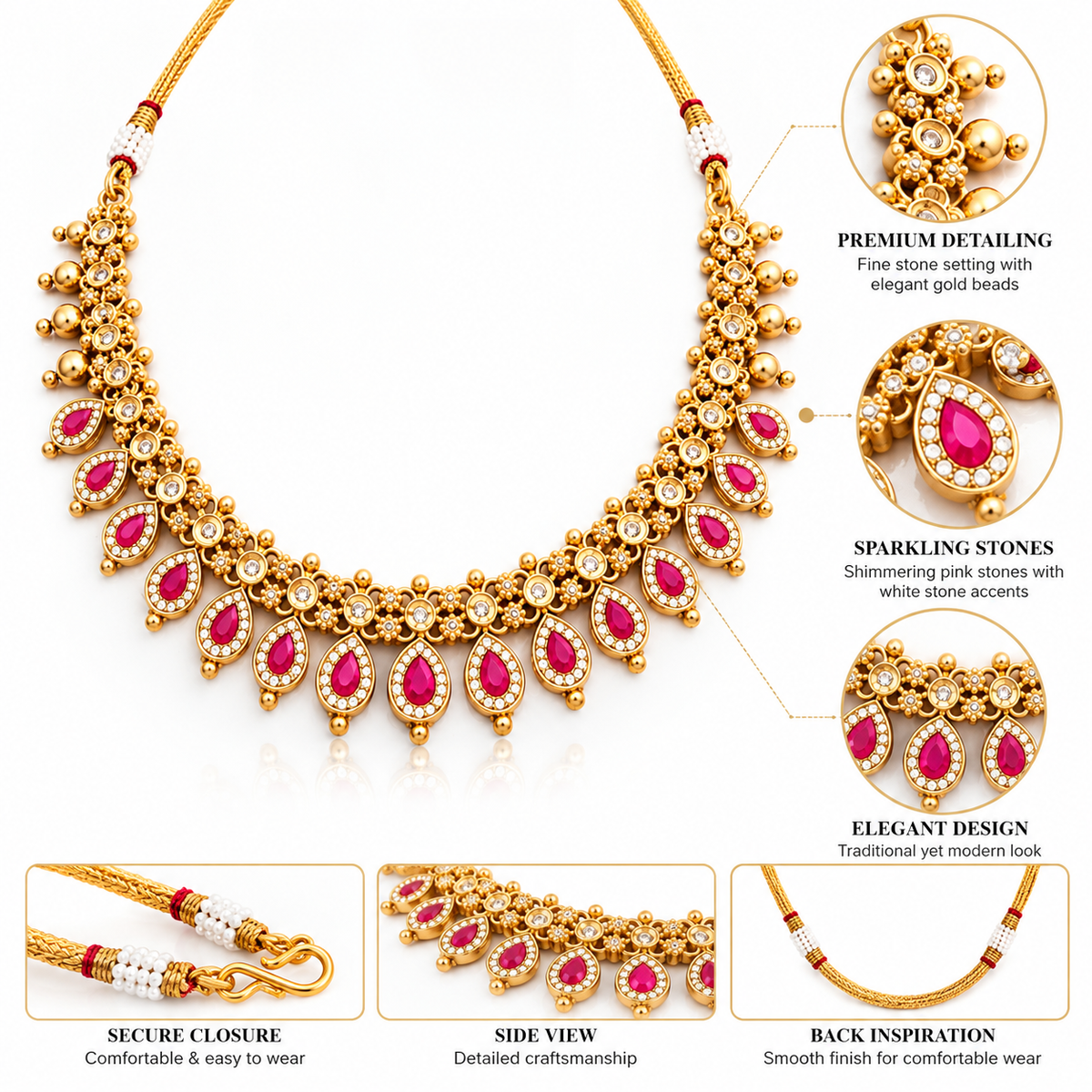 Traditional Gold Tone Pink Stone Bridal Necklace & Earrings Set