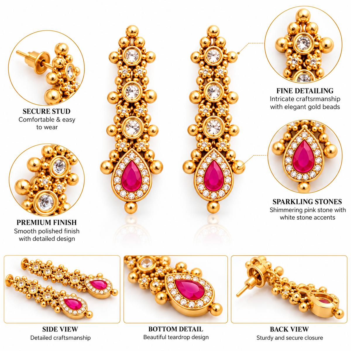 Traditional Gold Tone Pink Stone Bridal Necklace & Earrings Set