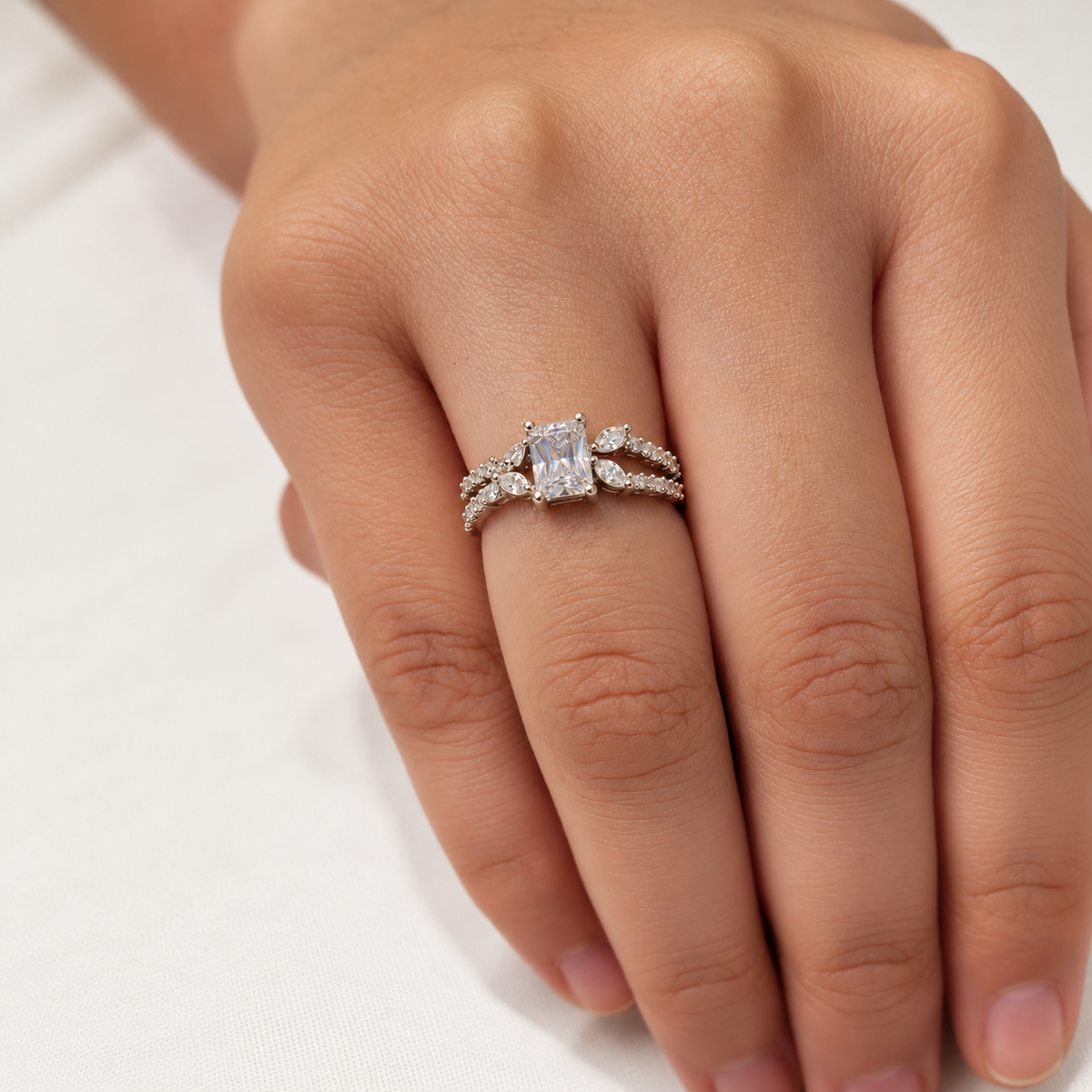 Silver-Tone Emerald-Cut Style Ring with Marquise and Pavé Accents