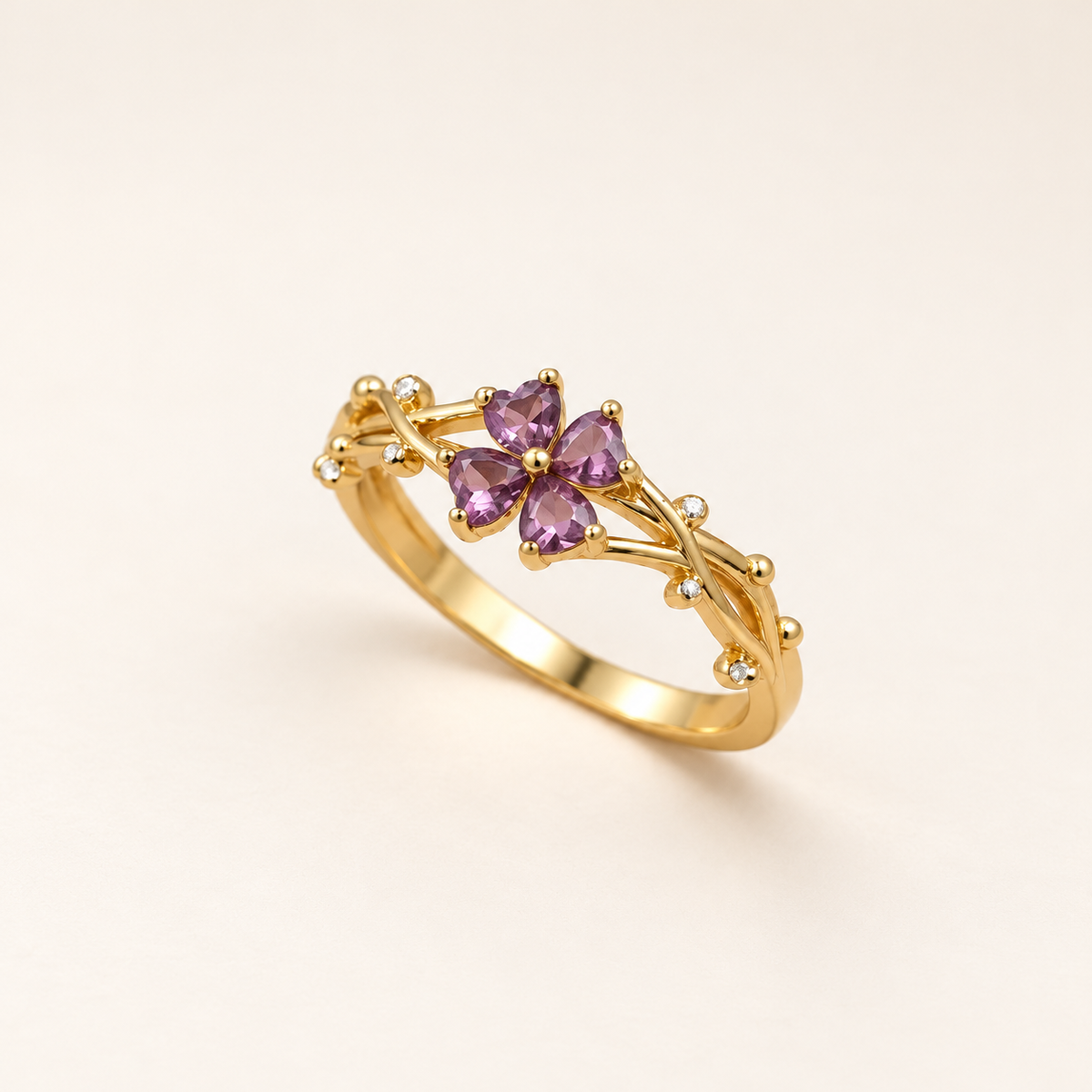 Gold Tone Purple Heart Flower Ring with Clear Stone Accents, Floral Statement Ring for Women