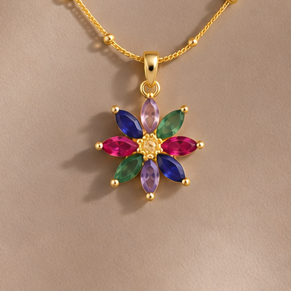 Gold Tone Multicolor Floral Pendant Necklace for Women