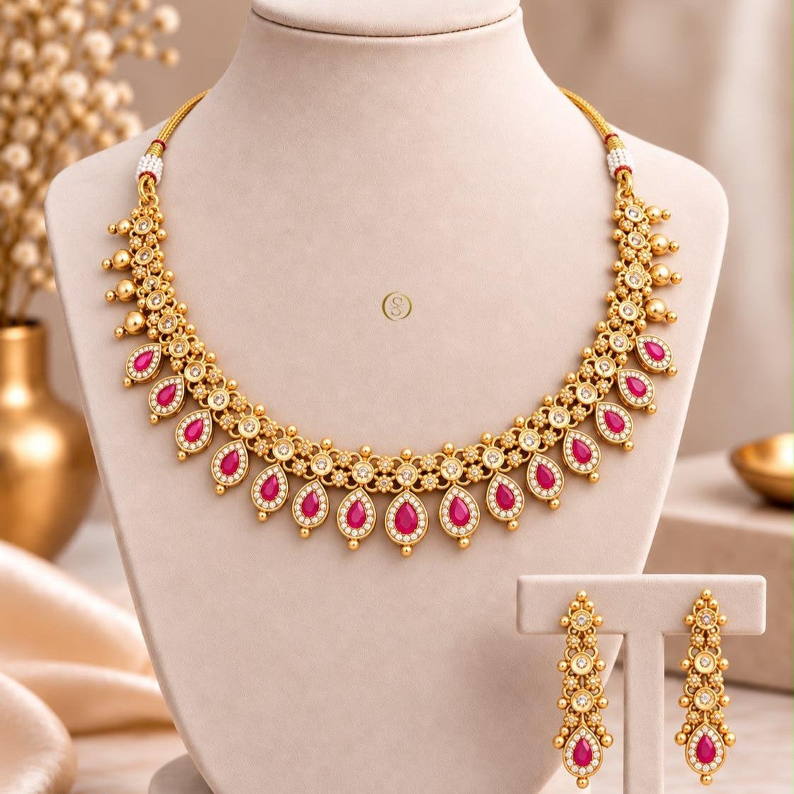 Traditional Gold Tone Pink Stone Bridal Necklace & Earrings Set