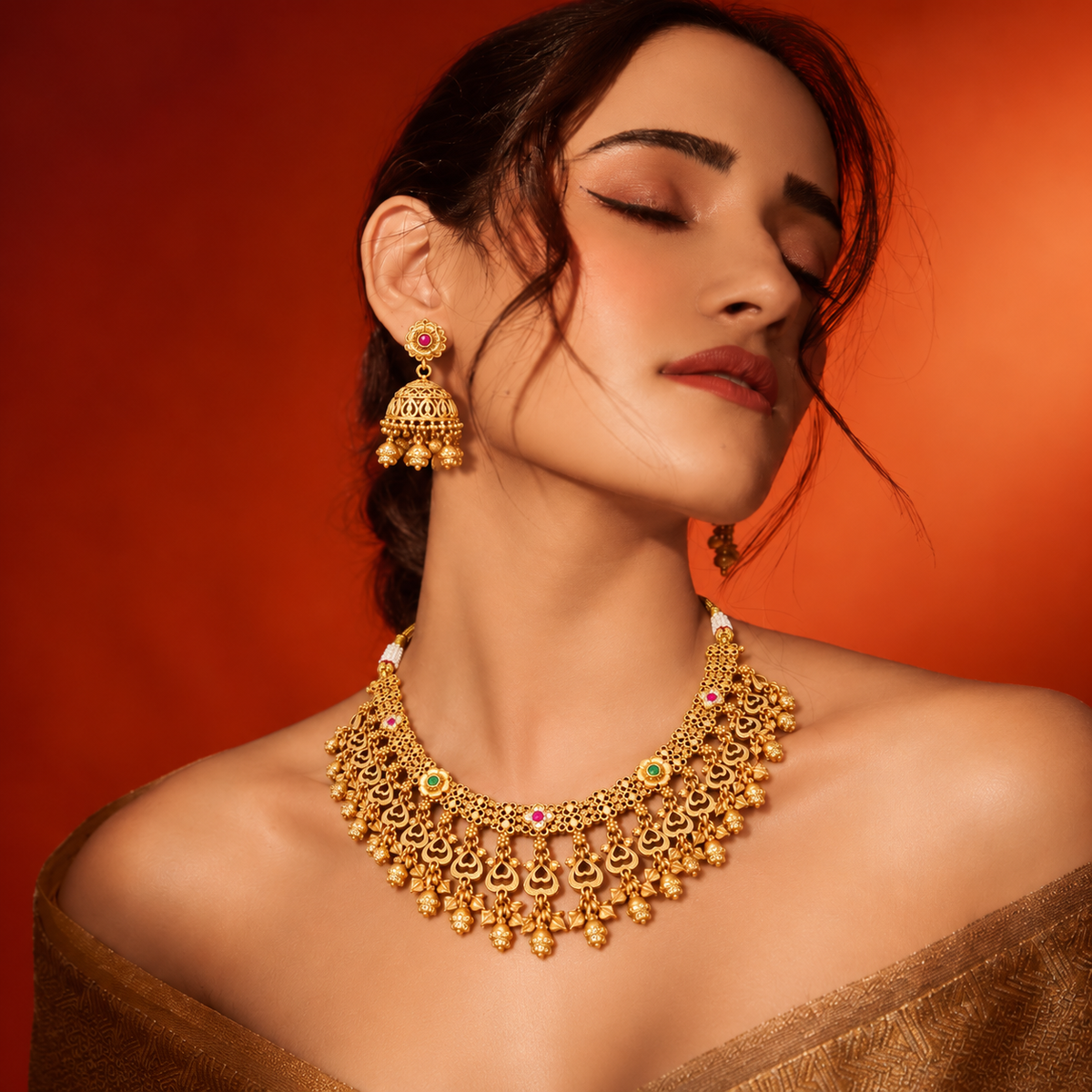 Traditional Gold Tone Bridal Necklace Set with Jhumka Earrings