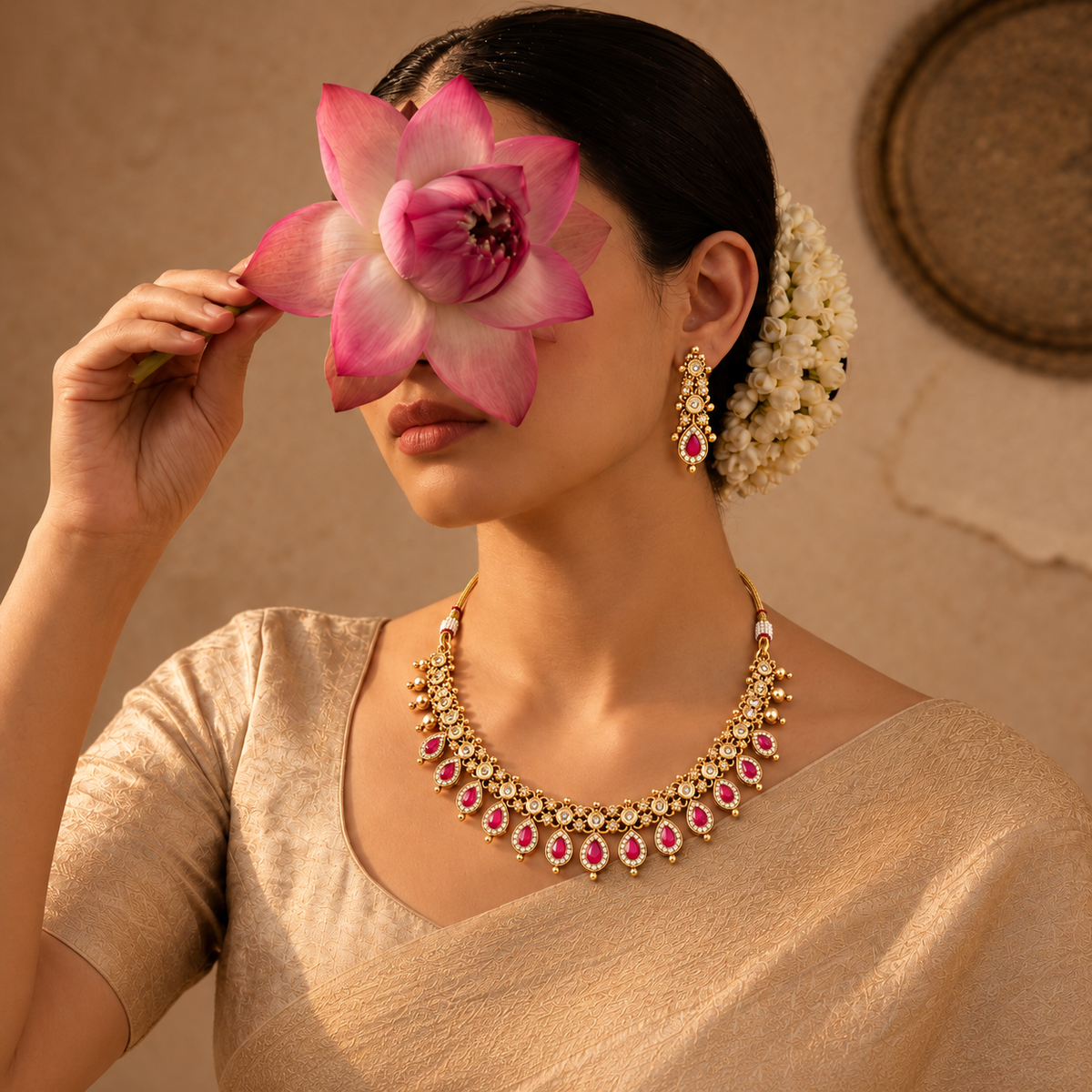 Traditional Gold Tone Pink Stone Bridal Necklace & Earrings Set