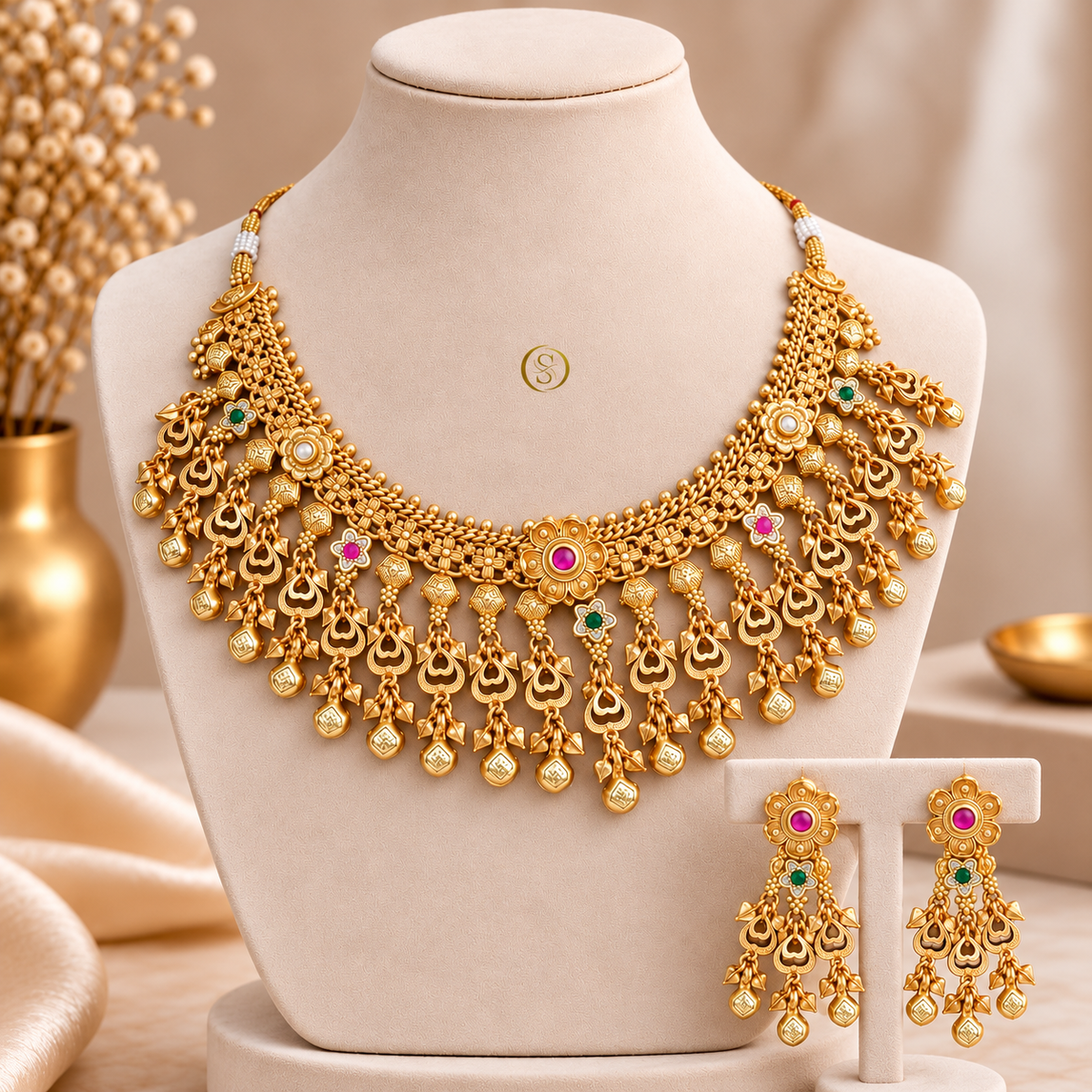 Traditional Gold Tone Floral Bridal Necklace & Earrings Set