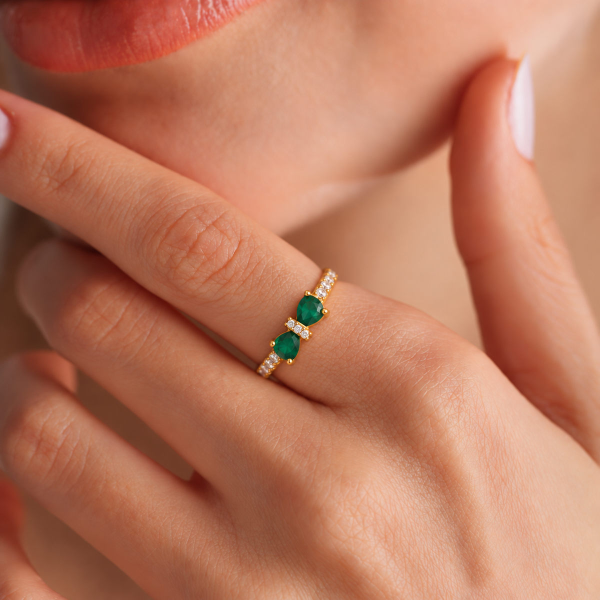 Gold Tone Green Bow Ring with Clear Crystal Accents, Elegant Statement Ring for Women