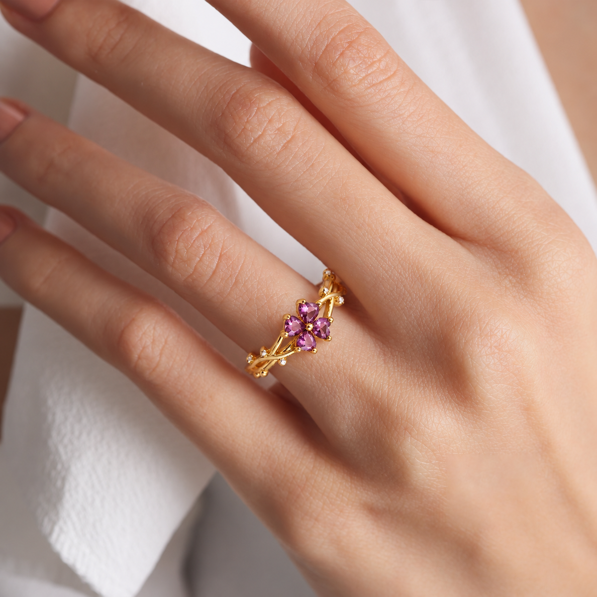 Gold Tone Purple Heart Flower Ring with Clear Stone Accents, Floral Statement Ring for Women
