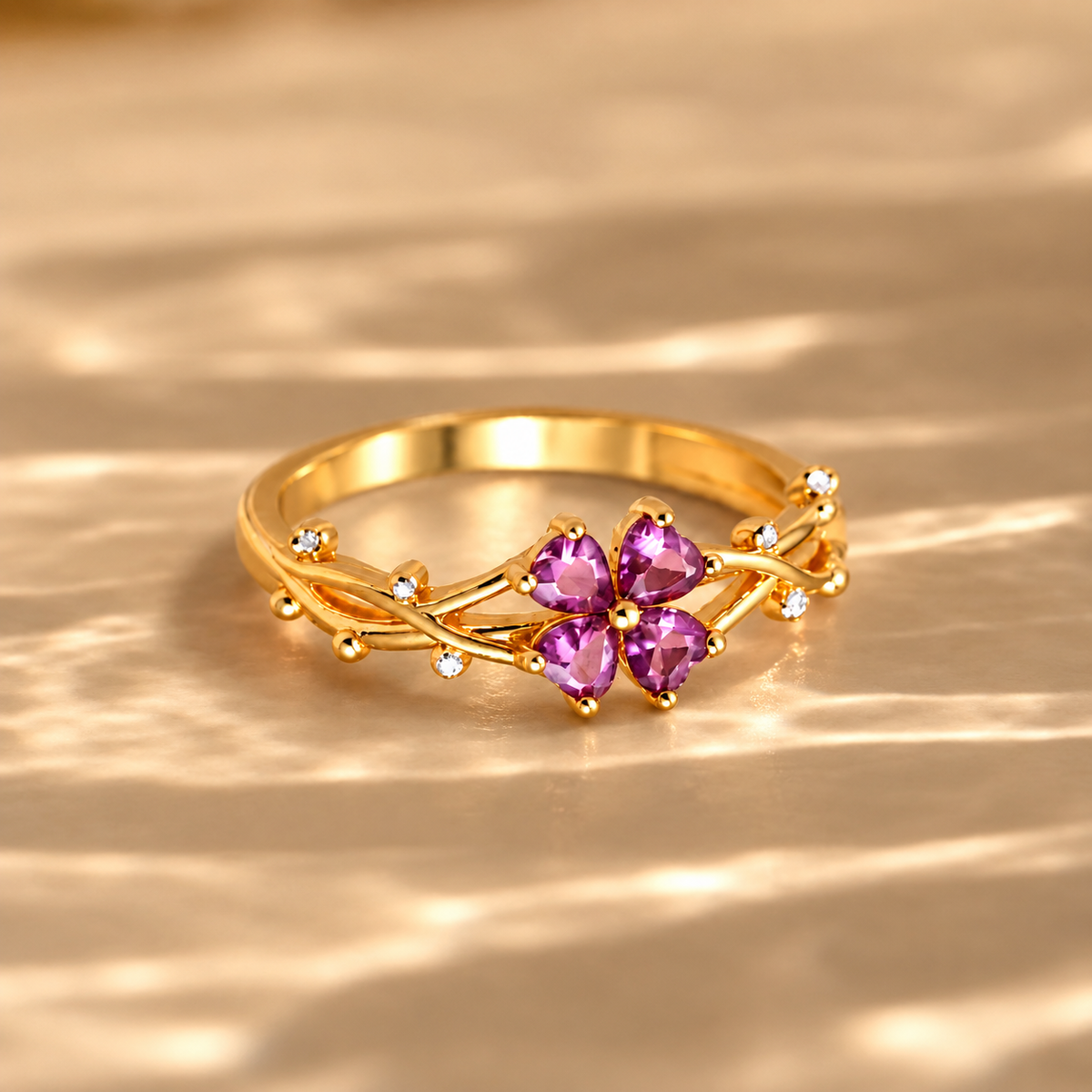 Gold Tone Purple Heart Flower Ring with Clear Stone Accents, Floral Statement Ring for Women