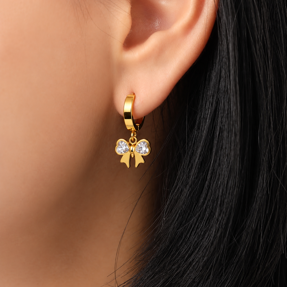 Gold Tone Bow Charm Huggie Hoop Earrings for Women