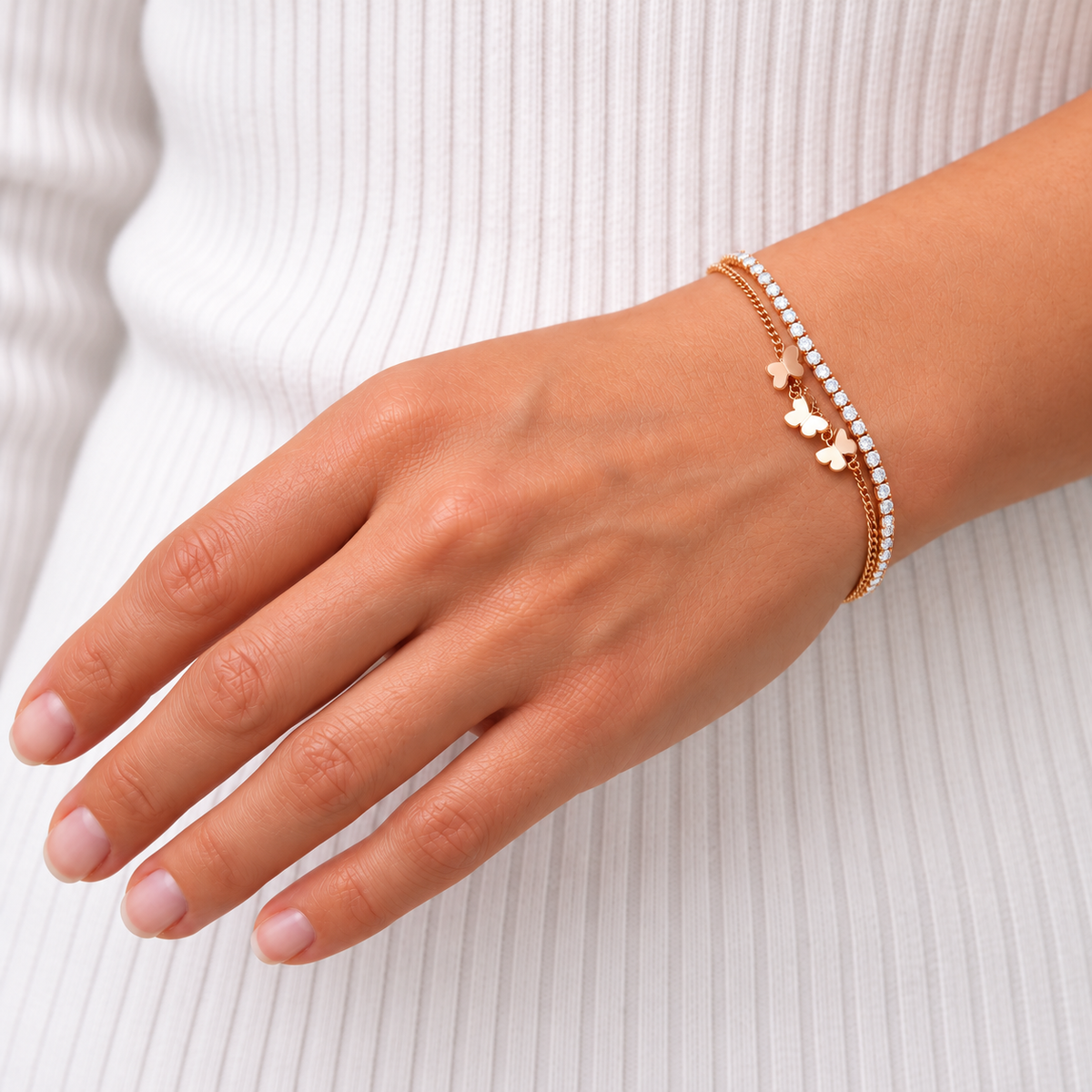 Rose Gold Butterfly Dual-Strand Tennis Bracelet