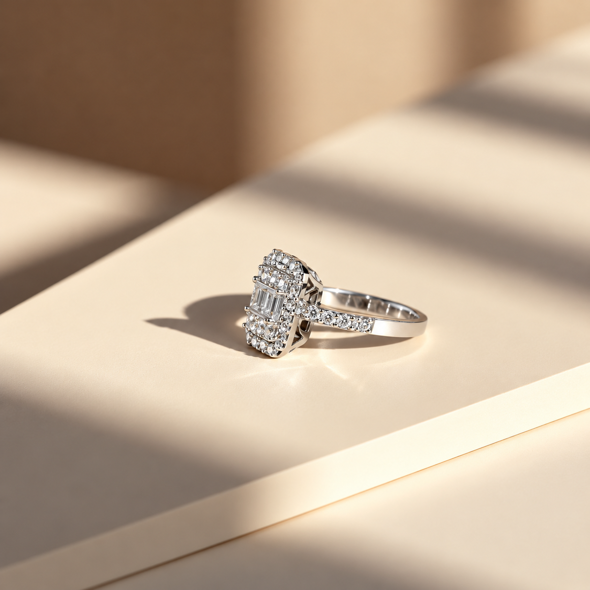 Silver Tone Baguette Stone Halo Ring for Women