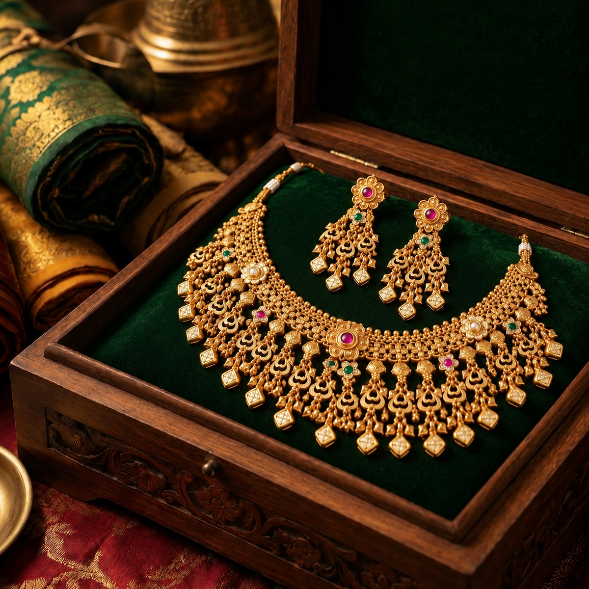 Traditional Gold Tone Floral Bridal Necklace & Earrings Set