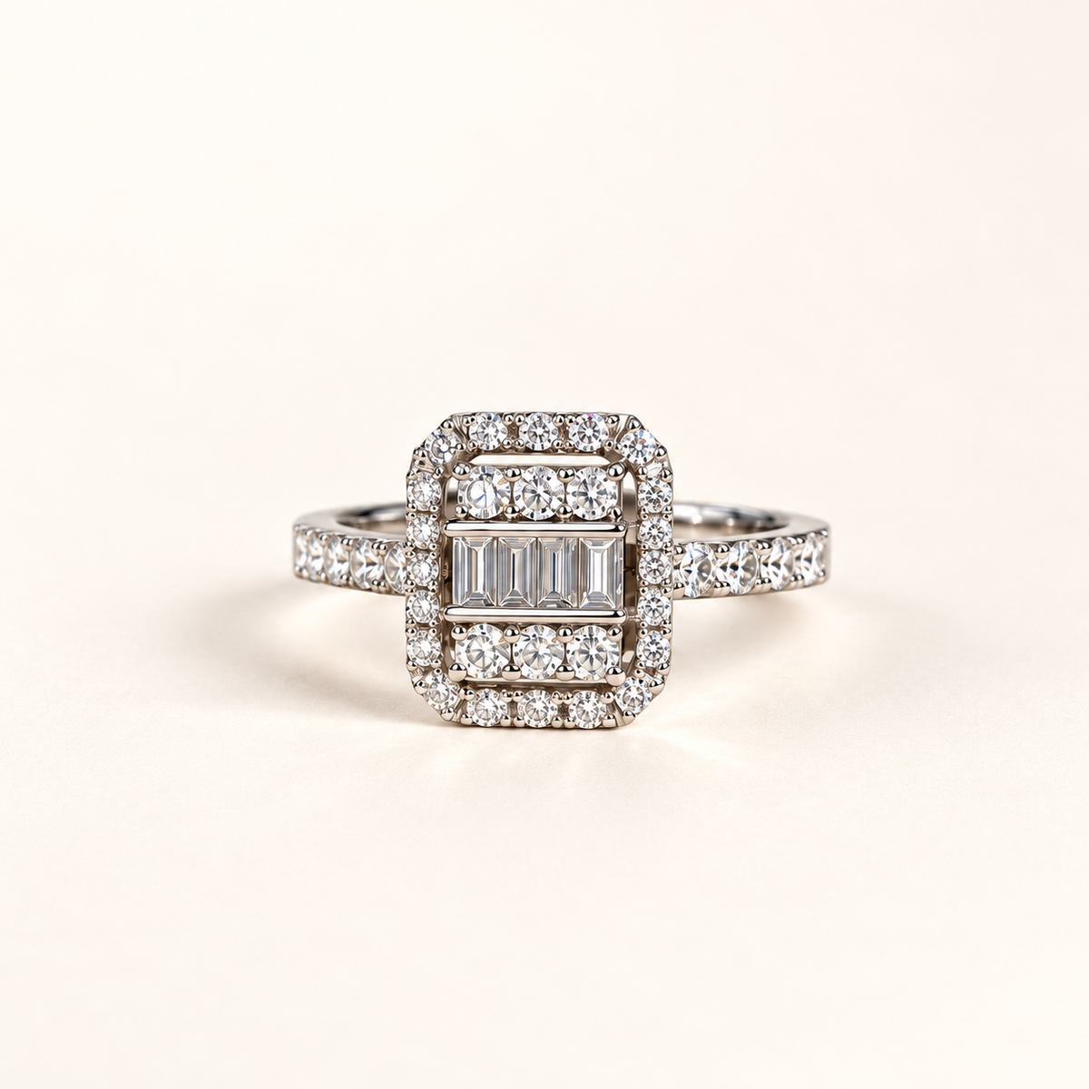 Silver Tone Baguette Stone Halo Ring for Women