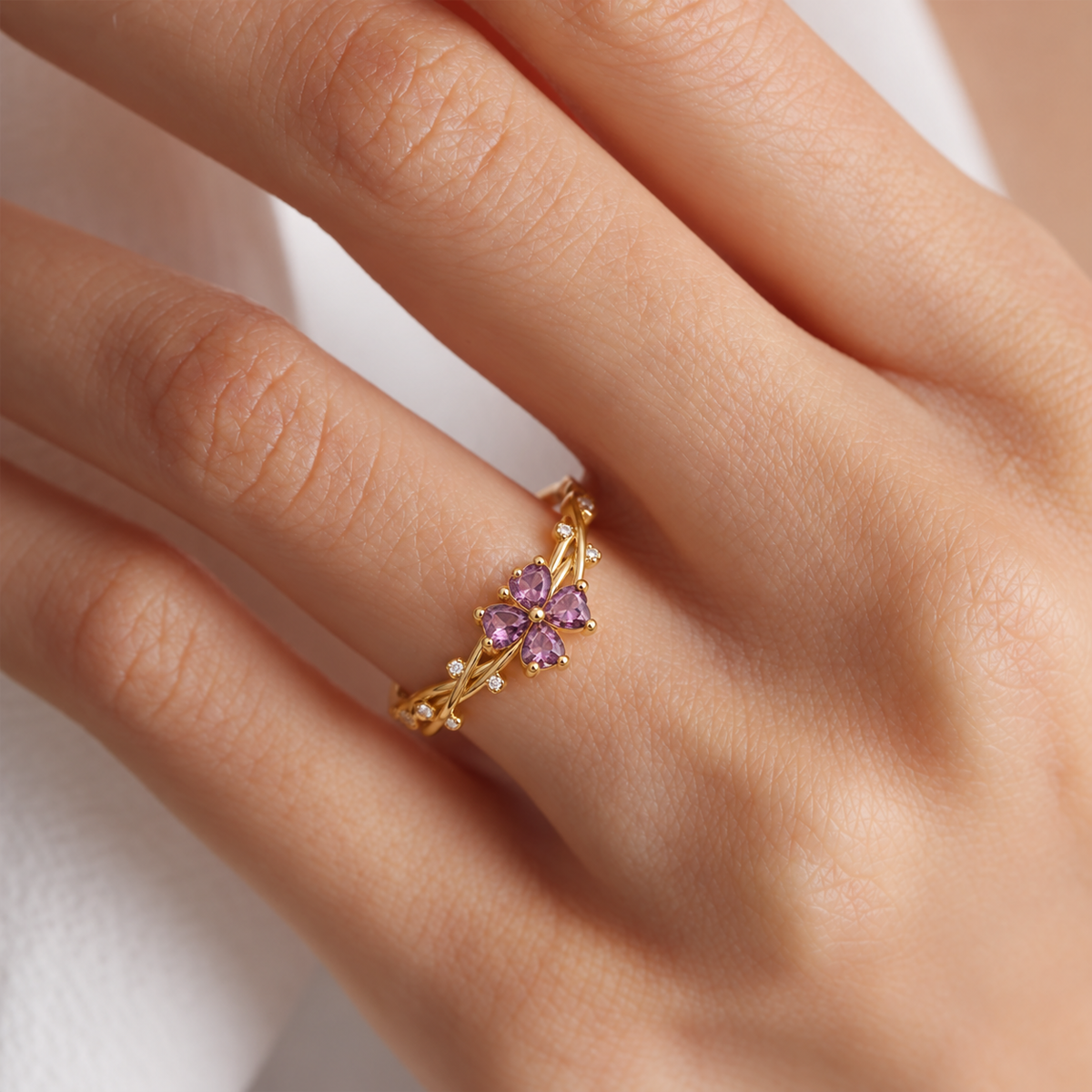 Gold Tone Purple Heart Flower Ring with Clear Stone Accents, Floral Statement Ring for Women