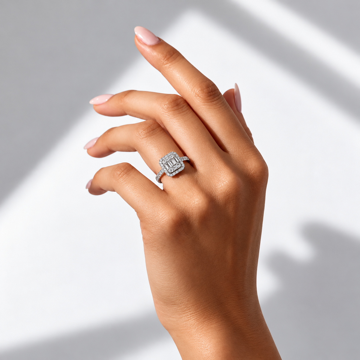 Silver Tone Baguette Stone Halo Ring for Women