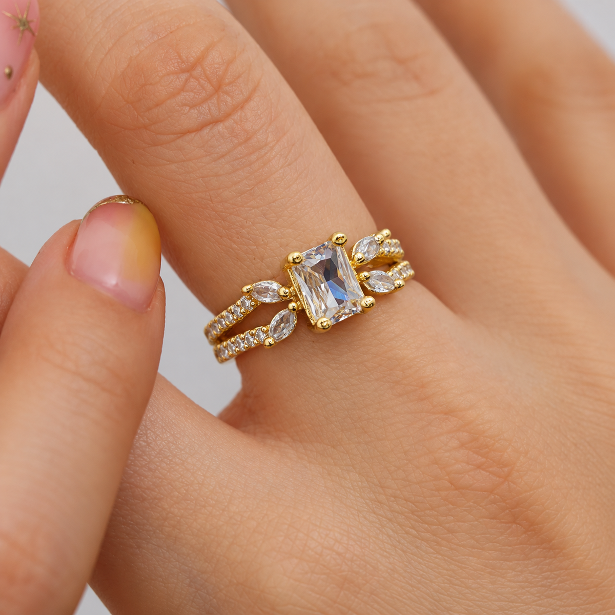 Gold Tone Emerald Cut Clear Stone Statement Ring, Marquise Crystal Split Band
