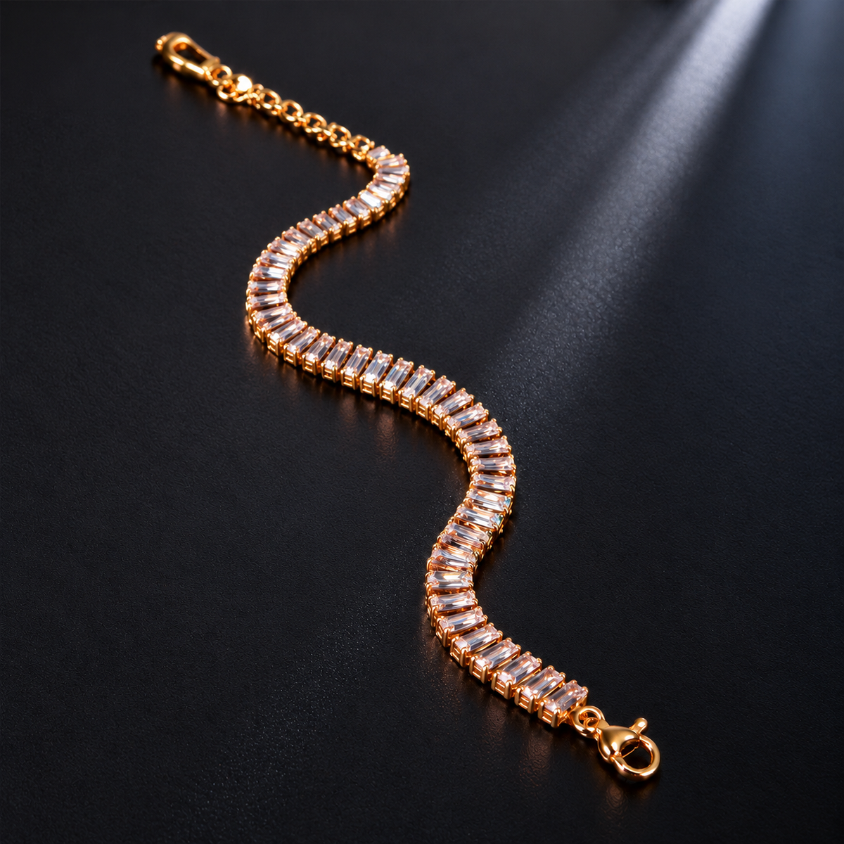 Gold Plated Baguette Crystal Tennis Bracelet for Women – Elegant Adjustable Bracelet