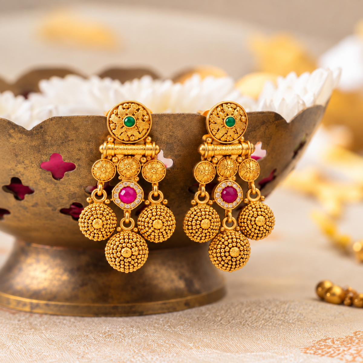 Traditional Gold Tone Pink Green Bridal Necklace & Earrings Set