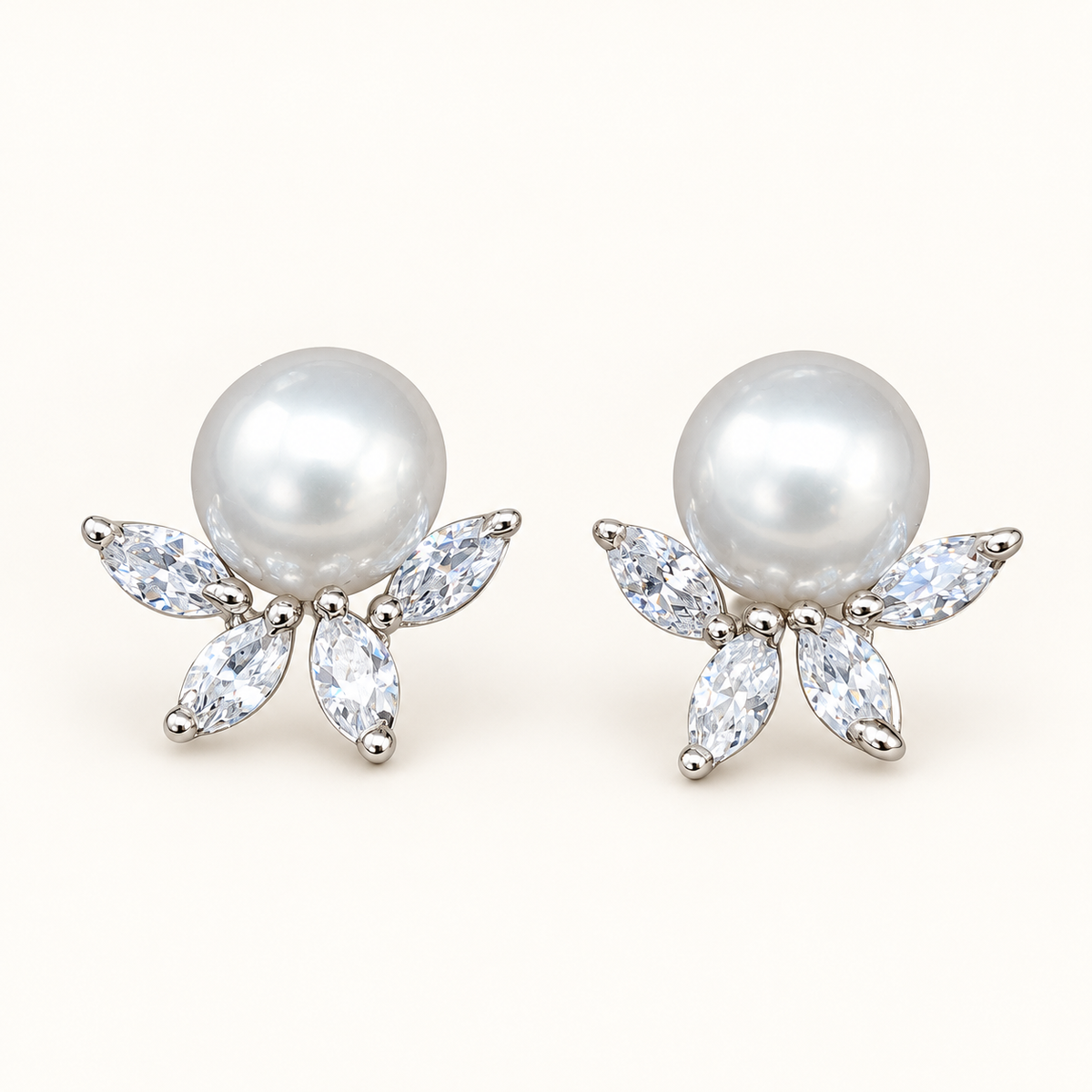Pearl Flower Stud Earrings with Clear Marquise Crystals, Silver-Tone Floral Earrings, Elegant Gift for Her