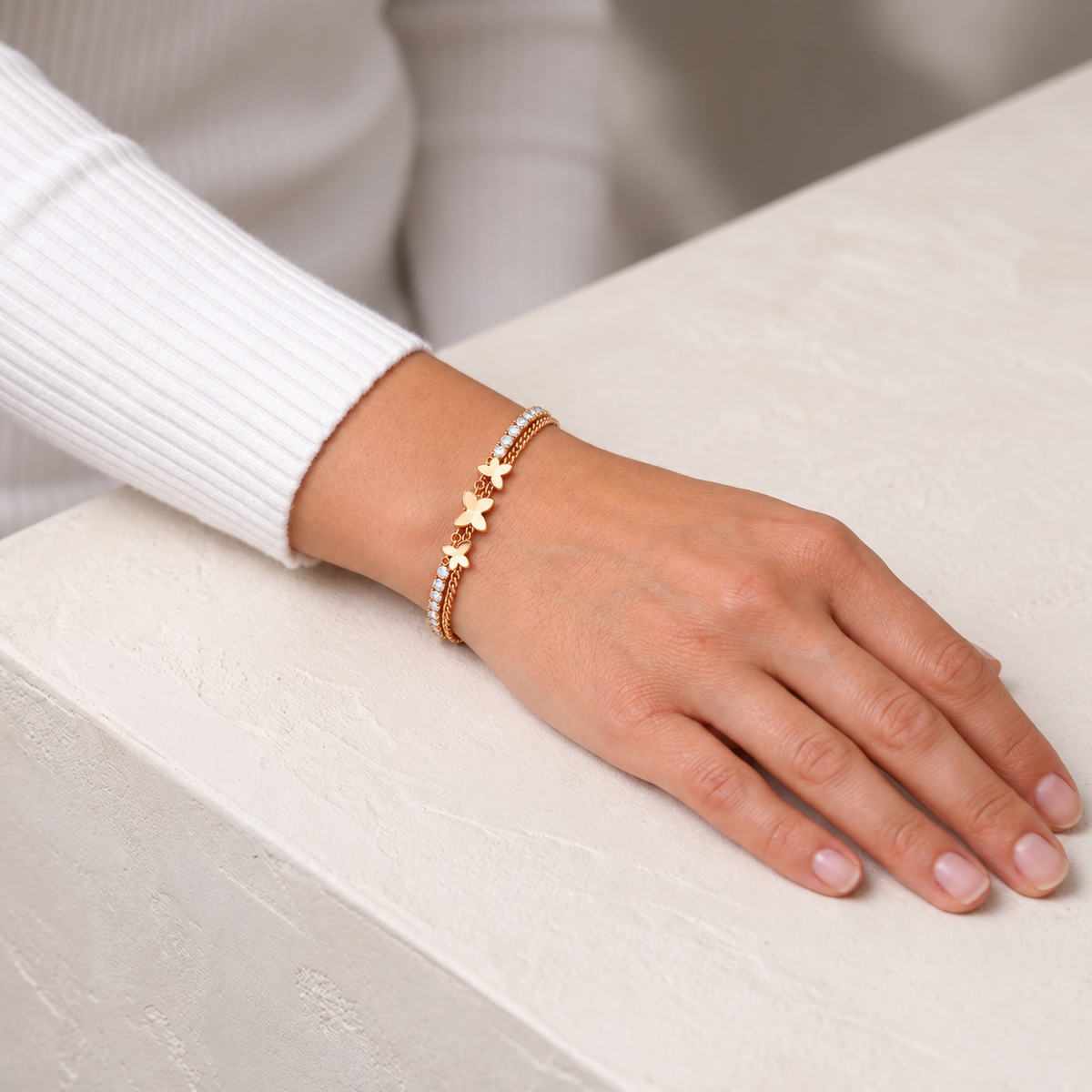Rose Gold Butterfly Dual-Strand Tennis Bracelet