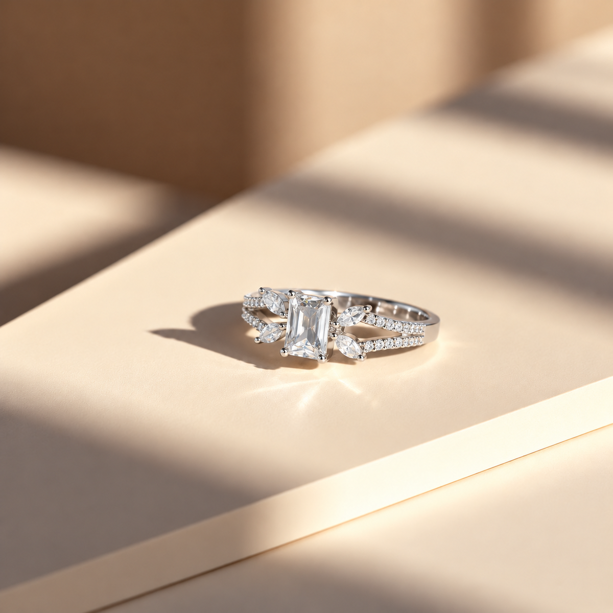 Silver-Tone Emerald-Cut Style Ring with Marquise and Pavé Accents