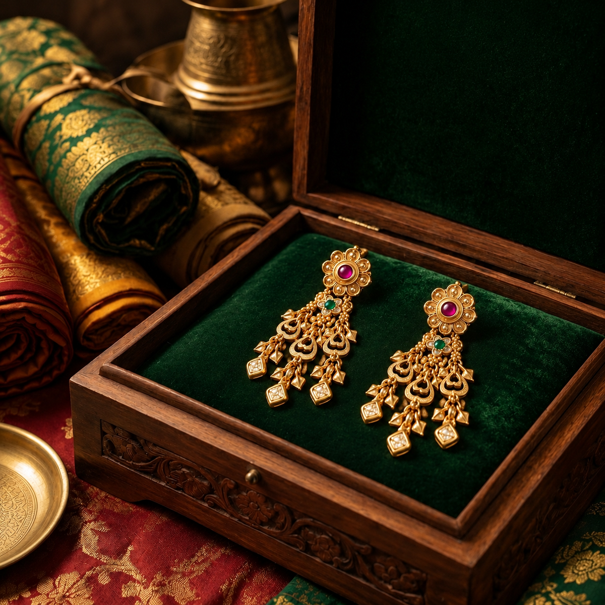 Traditional Gold Tone Floral Bridal Necklace & Earrings Set