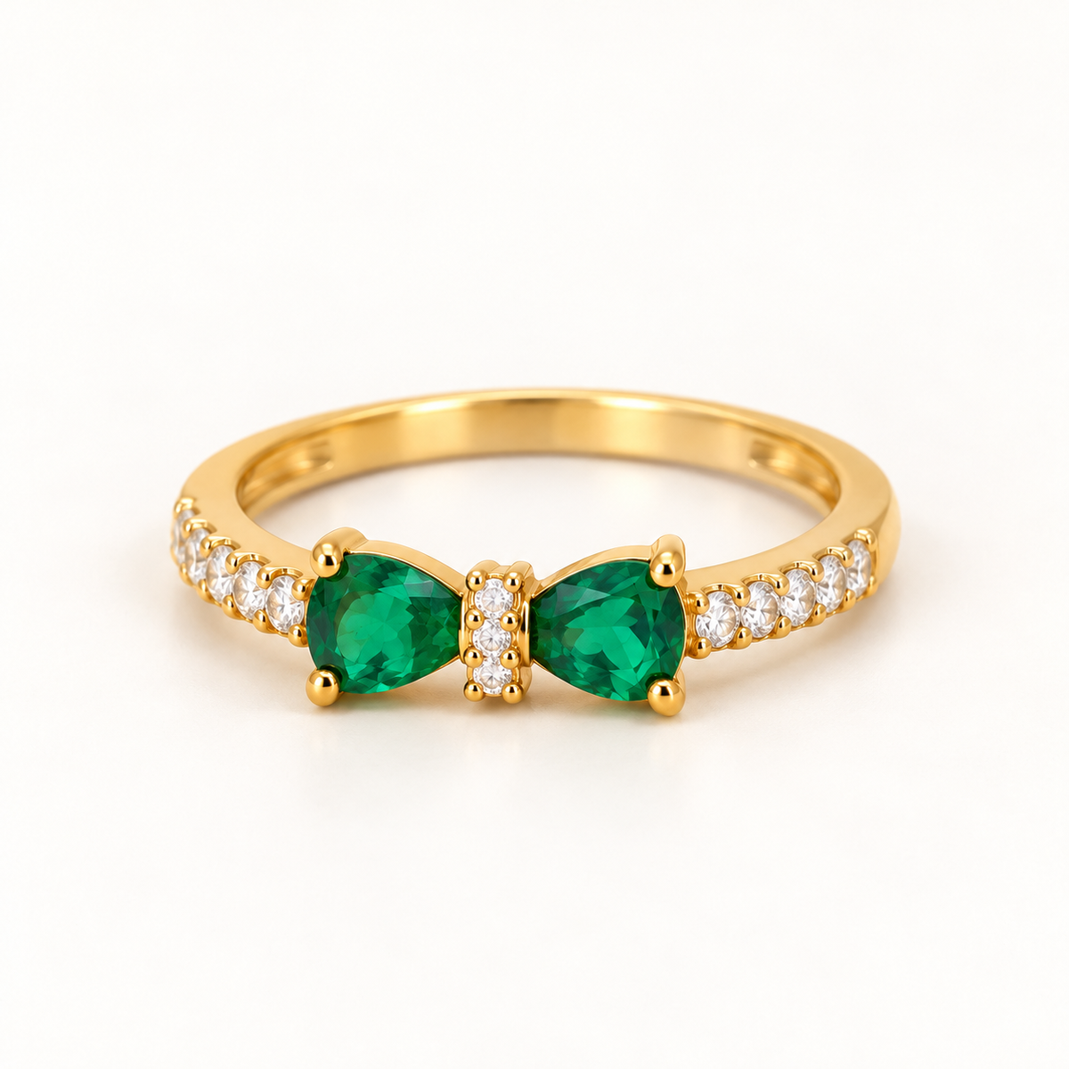 Gold Tone Green Bow Ring with Clear Crystal Accents, Elegant Statement Ring for Women
