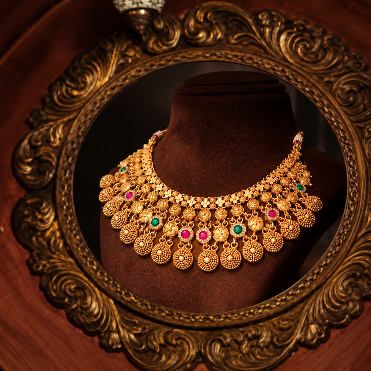 Traditional Gold Tone Pink Green Bridal Necklace & Earrings Set