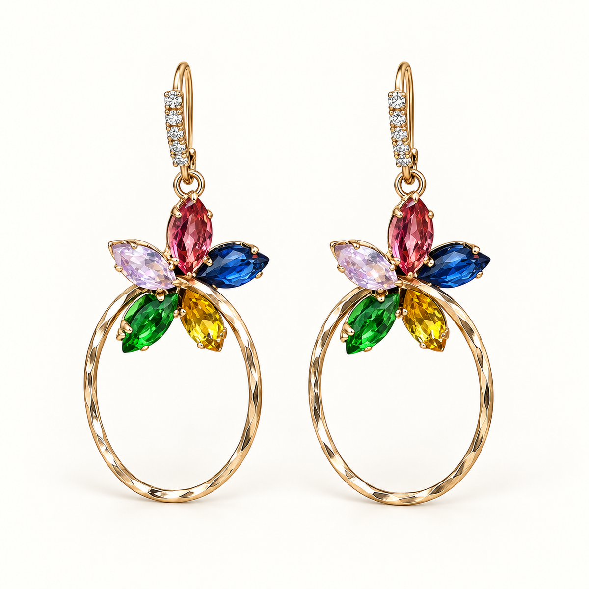 Gold Tone Multicolor Marquise Stone Drop Earrings, Crystal Detail Oval Hoop Dangle Earrings, Colorful Statement Jewelry, Gift for Her
