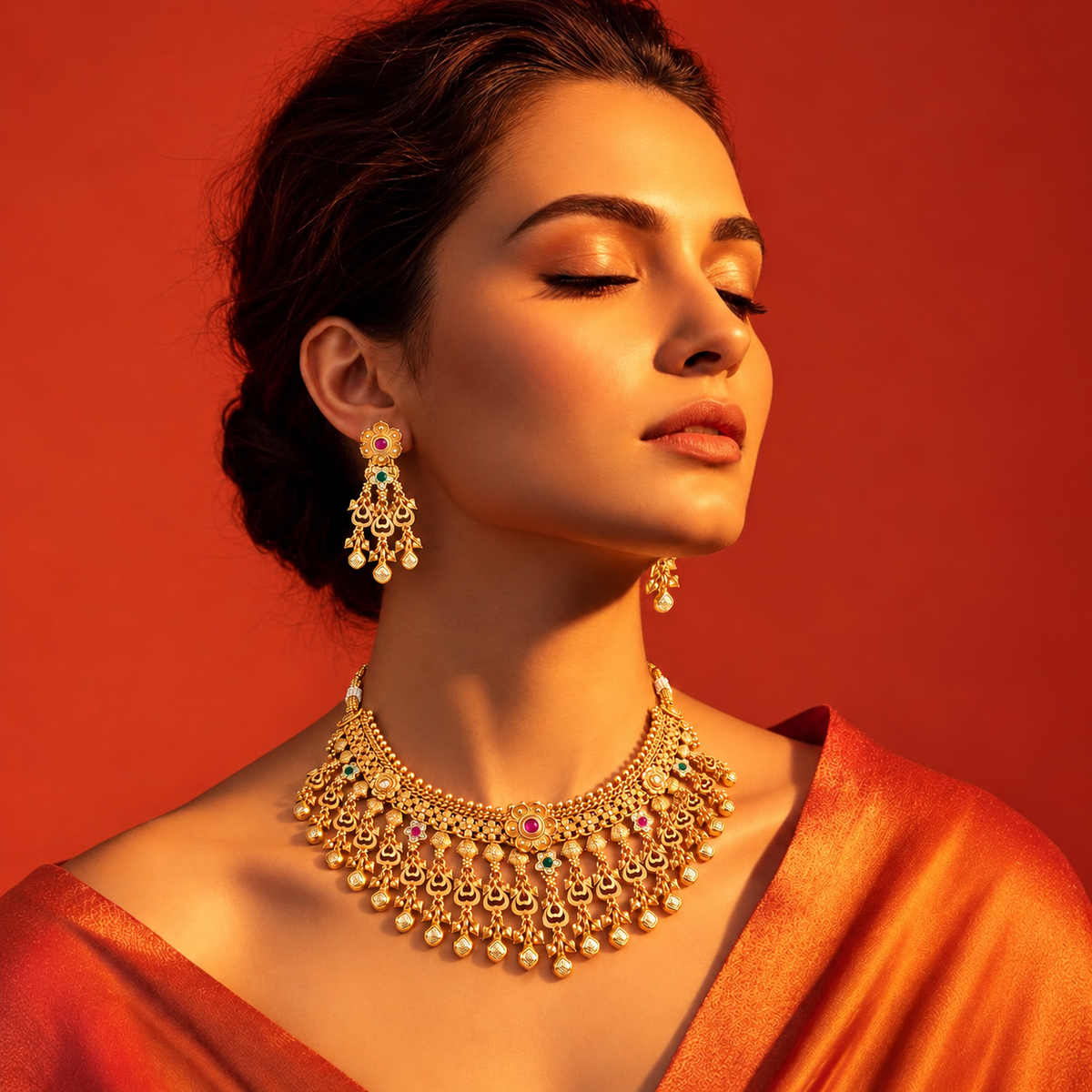 Traditional Gold Tone Floral Bridal Necklace & Earrings Set