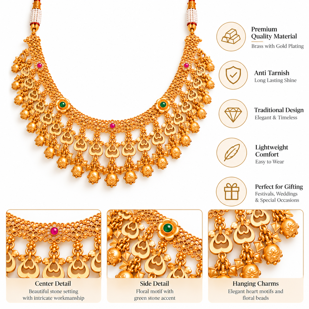 Traditional Gold Tone Bridal Necklace Set with Jhumka Earrings