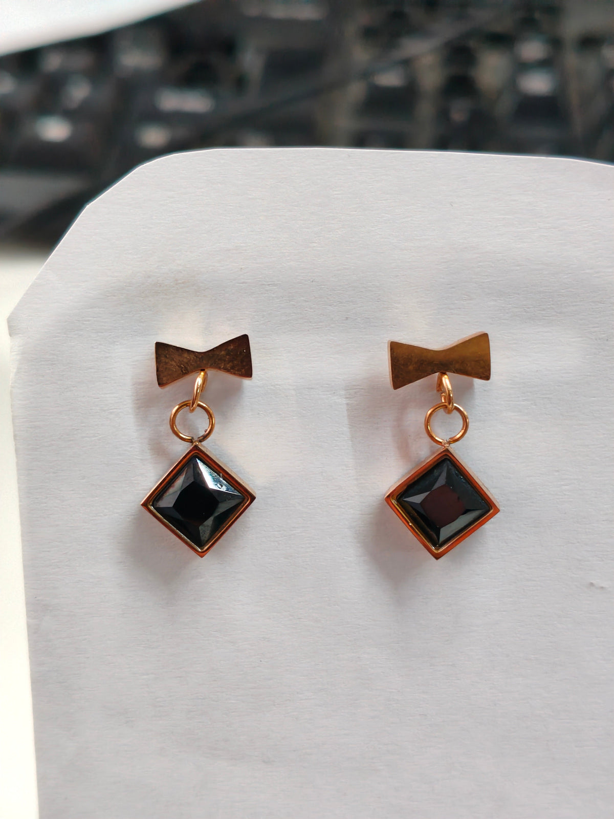 Black Square Stone Gold Tone Drop Earrings for Women