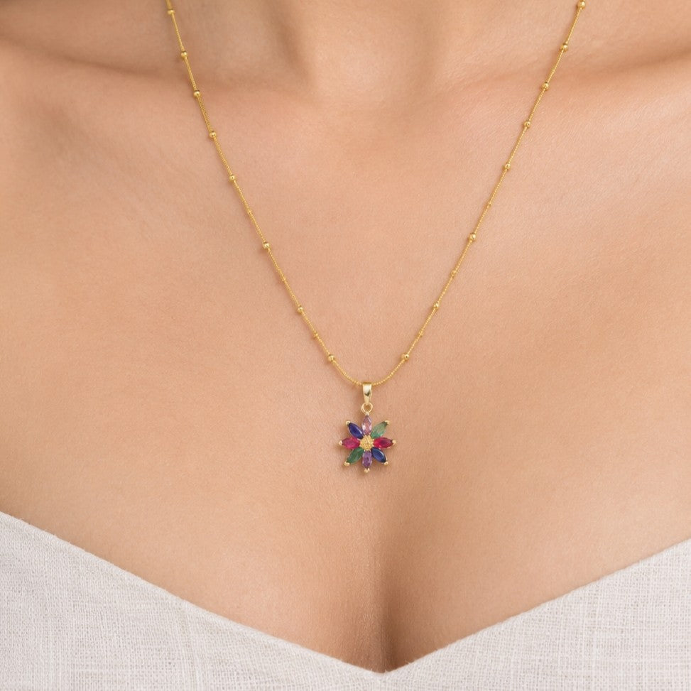 Gold Tone Multicolor Floral Pendant Necklace for Women