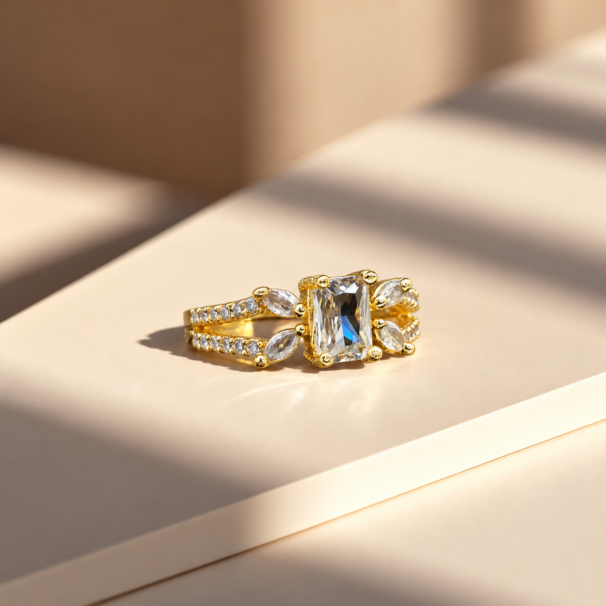 Gold Tone Emerald Cut Clear Stone Statement Ring, Marquise Crystal Split Band