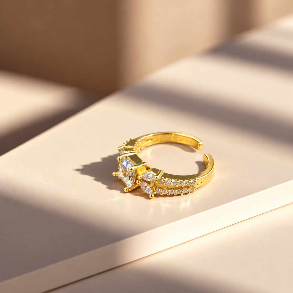 Gold Tone Emerald Cut Clear Stone Statement Ring, Marquise Crystal Split Band
