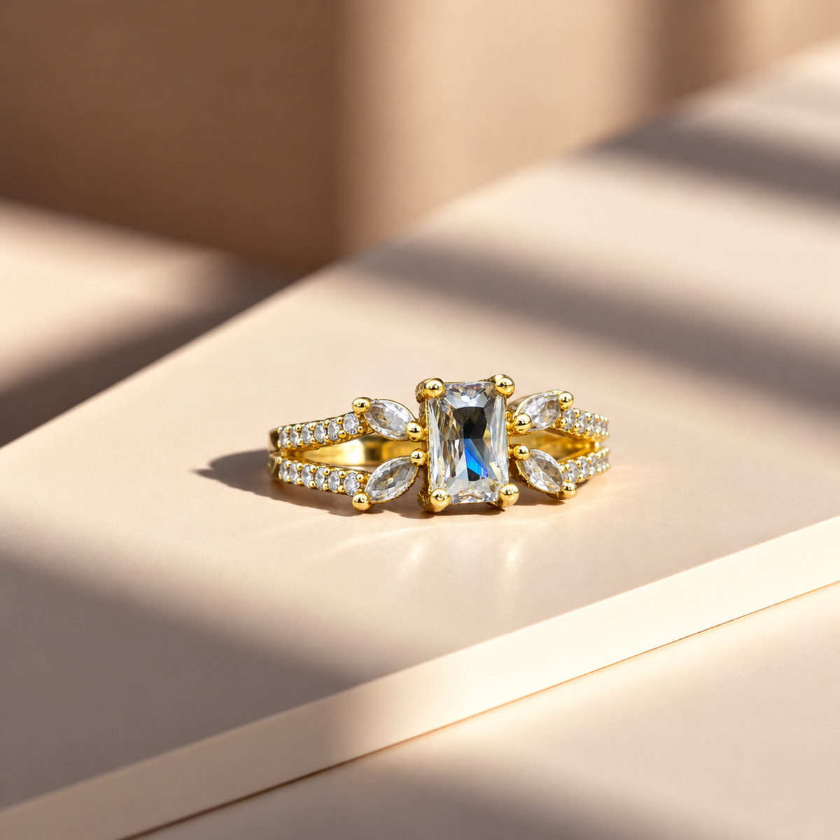 Gold Tone Emerald Cut Clear Stone Statement Ring, Marquise Crystal Split Band